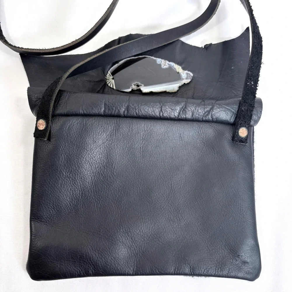 VTG Handmade Black Leather Festival Bag Geometric Wool Agate Renfair Witchy Goth